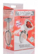 Booty Sparks Red Heart Glass Anal Plug Medium packaged in decorative box with red heart gem accent.