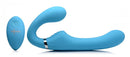 Strap U Mighty Rider 10X Vibrating Strapless Strap On Blue displayed against a white background, featuring a sleek design and remote.