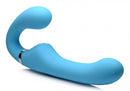 Strap U Mighty Rider 10X Vibrating Strapless Strap On Blue displayed on a white background.