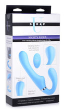 Strap U Mighty Rider 10X Vibrating Strapless Strap On Blue packaging showcasing features and design for pleasure.