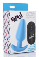 Bang 21X Vibrating Silicone Butt Plug with Remote Control Blue packaging featuring the product and a remote for customizable vibration.