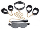 Master Series Black & Gold Bondage Set includes restraints, collar, and blindfold for couples' bondage play.