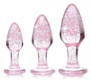 Booty Sparks Glitter Gem Anal Plug Set in pink, showing three graduated sizes: small, medium, and large for playful erotic fun.