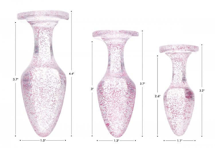 Booty Sparks Glitter Gem Anal Plug Set 3pc showing sizes S/M/L in pink glitter design, perfect for beginners and experts.
