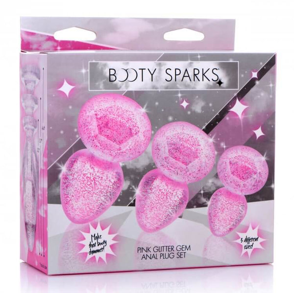 Booty Sparks Pink Glitter Gem Anal Plug Set 3 pieces, featuring tapered designs for beginners and experts, perfect for playful exploration.