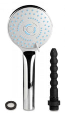 CleanStream Shower Head in silver with silicone nozzle, ideal for convenient enema use during showering.