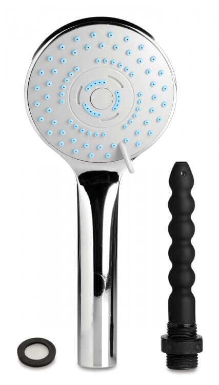 CleanStream Shower Head in silver with silicone nozzle, ideal for convenient enema use during showering.