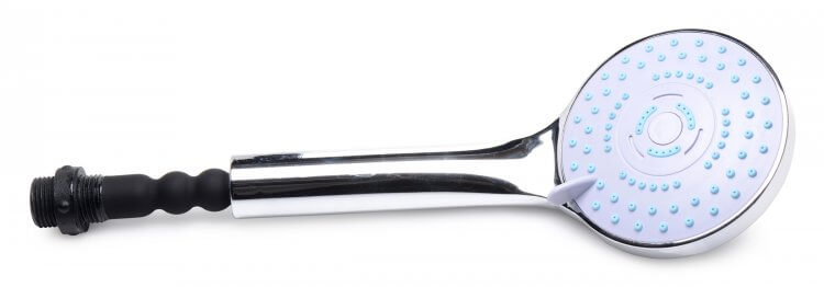 CleanStream silver shower head with silicone nozzle for enema and convenient shower use.