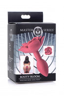 Master Series Booty Bloom Silicone Rose Anal Plug Small Red package featuring floral design and user visualization.