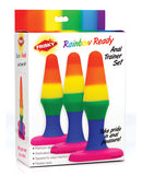 Frisky Rainbow Silicone Anal Trainer Set packaging showcasing colorful graduated plugs for anal training.