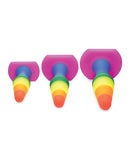 Frisky Rainbow Silicone Anal Trainer Set featuring three colorful graduated plugs for backdoor play.