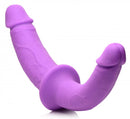 Strap U Double Charmer Double Dildo with Harness, double-ended design for shared pleasure, purple silicone material.