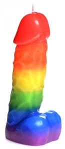 Master Series Pride Pecker Rainbow Dick Drip Candle in vibrant rainbow colors, ideal for ambiance and wax play.
