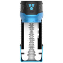 LoveBotz Auto Milker rechargeable male masturbator showing interior design and controls in black and blue.