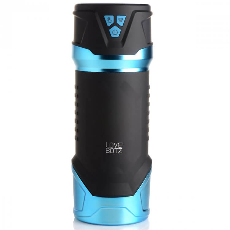 LoveBotz Auto Milker Intense Rechargeable Sucking Masturbator in black and blue, designed for powerful solo sessions.