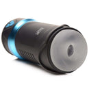 Close-up view of the LoveBotz Auto Milker in black and blue, featuring a smooth, rounded opening for intense stimulation.