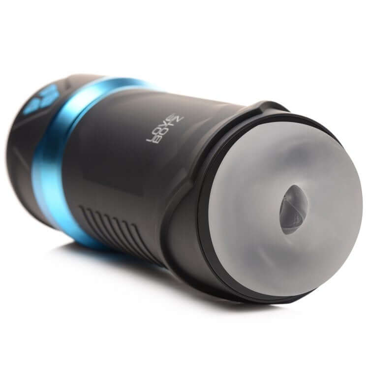 Close-up view of the LoveBotz Auto Milker in black and blue, featuring a smooth, rounded opening for intense stimulation.