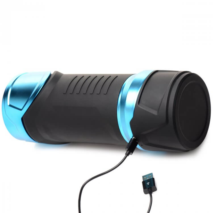 LoveBotz Auto Milker rechargeable male masturbator in black and blue with USB charging cable.