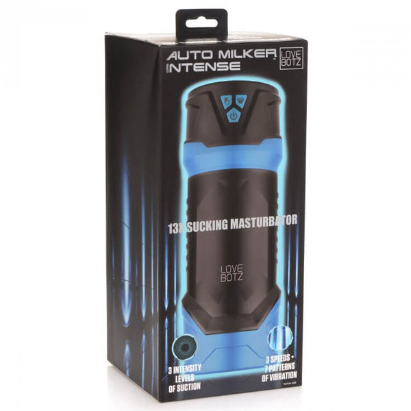 LoveBotz Auto Milker Intense rechargeable male masturbator with 3 suction intensity levels and 3 vibration patterns.