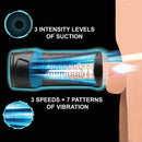 LoveBotz Auto Milker showcasing 3 intensity levels of suction, 3 speeds, and 7 patterns of vibration for ultimate pleasure.