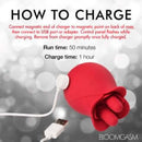 How to charge Bloomgasm The Rose Fondle Rose Clit Stimulator showing magnetic charger connection and run time details.
