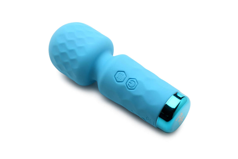 Bang! 10X Mini Silicone Rechargeable Wand in blue, travel-friendly and discreet for intimate sessions.