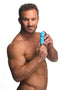 Man holding a blue Bang! 10X Mini Silicone Rechargeable Wand, showcasing its compact design for discreet pleasure.