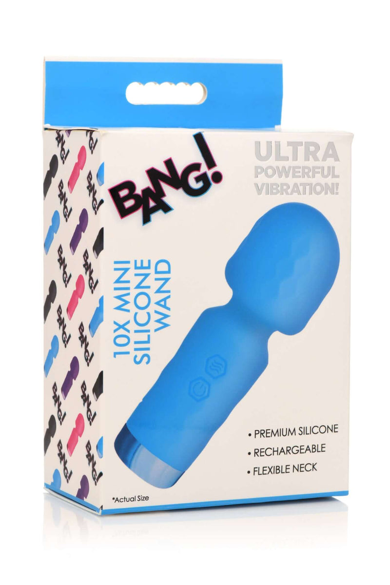 Bang! 10X Mini Silicone Rechargeable Wand in blue packaging with premium features and flexible neck.