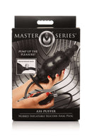 Master Series Ass Puffer Nubbed Inflatable Silicone Anal Plug packaging showcasing pump feature and design.