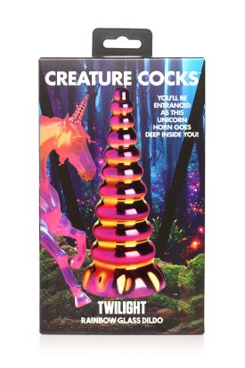 Creature Cocks Twilight Rainbow Glass Dildo packaging with iridescent unicorn horn design and pink-yellow gold hues. Embark on a mystical journey.