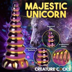 Creature Cocks Majestic Unicorn Glass Dildo with iridescent design and stimulating texture on a magical unicorn-themed background.
