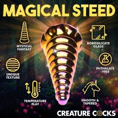 Creature Cocks Twilight Rainbow Glass Dildo with magical steed design, unique texture, borosilicate glass, and phthalate-free features.