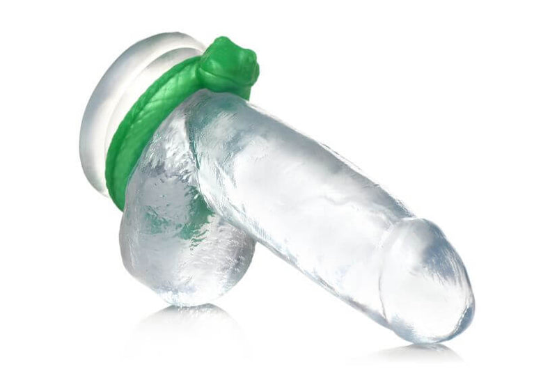 Creature Cocks Serpentine Cock Ring in Jade Green on a clear phallic model enhancing intimate play with a fantasy snake design