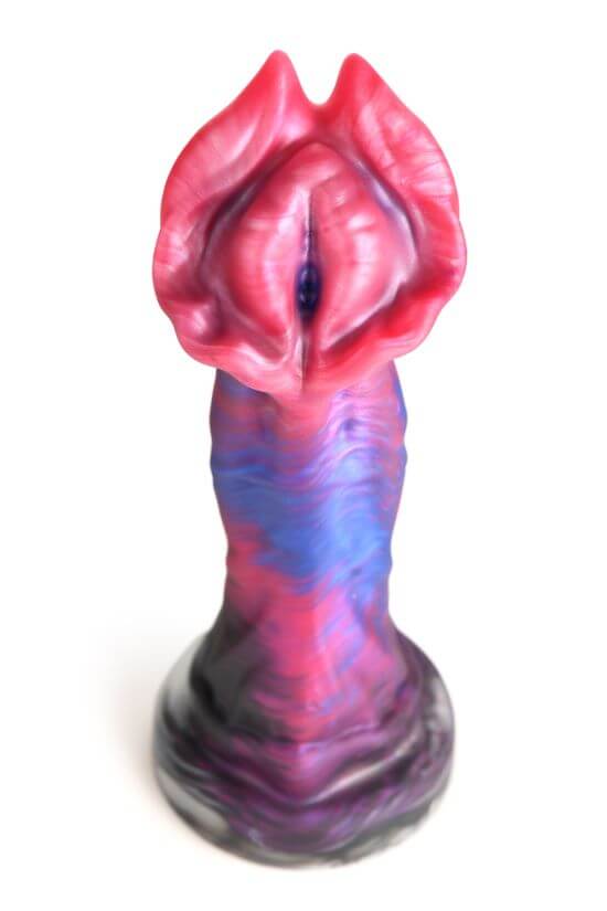 Creature Cocks Demogorgon Silicone Dildo with flared head, vibrant purple and pink design from XR Brands.