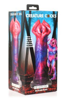 Creature Cocks Demogorgon Silicone Dildo packaging showcasing fantasy flared head design with menacing face and curved ridged shaft.