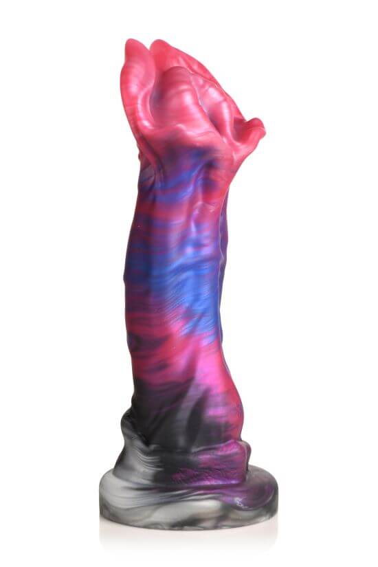 Creature Cocks Demogorgon silicone dildo with flared head design in pink and purple tones on a white background.