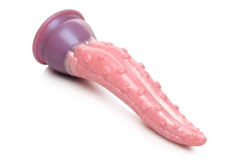 XR Brands Creature Cocks Octoprobe Tentacle Silicone Dildo in pink with a textured, tongue-like design and firm purple base.