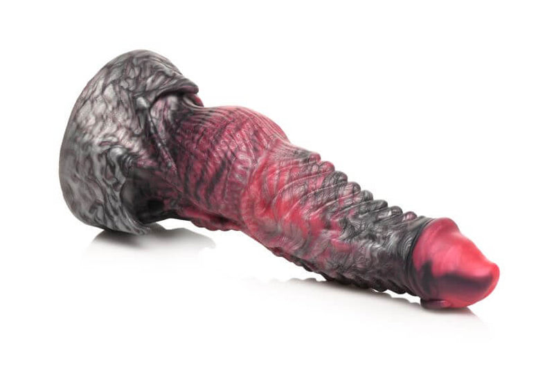 Creature Cocks Hades Silicone Dildo by XR Brands in black and red with grooves and ridges for intense pleasure.