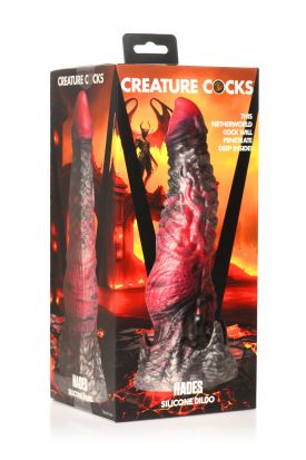 Creature Cocks Hades Silicone Dildo in Black and Red packaging, inspired by Hades, King of the Underworld, by XR Brands.