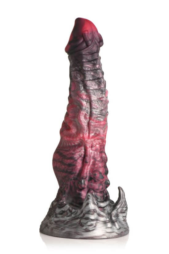 Creature Cocks Hades Silicone Dildo by XR Brands, Black and Red, with textured mythical shaft and tapered tip for intense pleasure