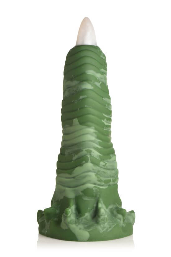 Creature Cocks Dragon Claw Silicone Dildo in green with white tip, featuring unique textures for mythical pleasure.