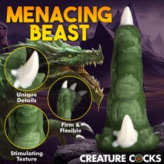 Creature Cocks Dragon Claw Silicone Dildo with unique details, firm flexible design, and stimulating texture, featuring a green dragon theme.