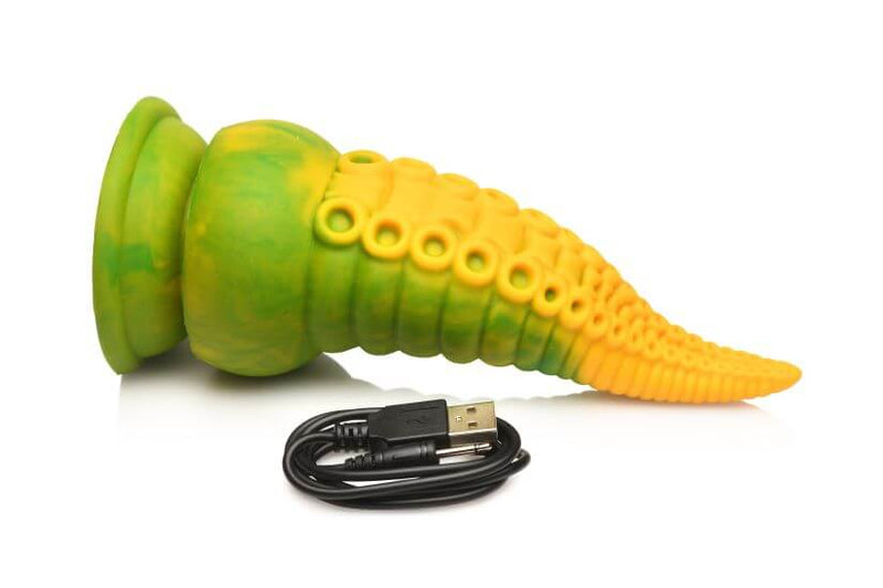 Monstropus 2.0 Vibrating Tentacle Silicone Dildo in green and yellow with USB cable