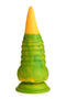 Monstropus 2.0 Vibrating Tentacle Silicone Dildo in marbled green, yellow, and blue color, featuring dual rows of octopus suckers and ridges.