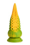Monstropus 2.0 Vibrating Tentacle Silicone Dildo with marbled green, yellow, and blue color pattern and textured octopus suckers.