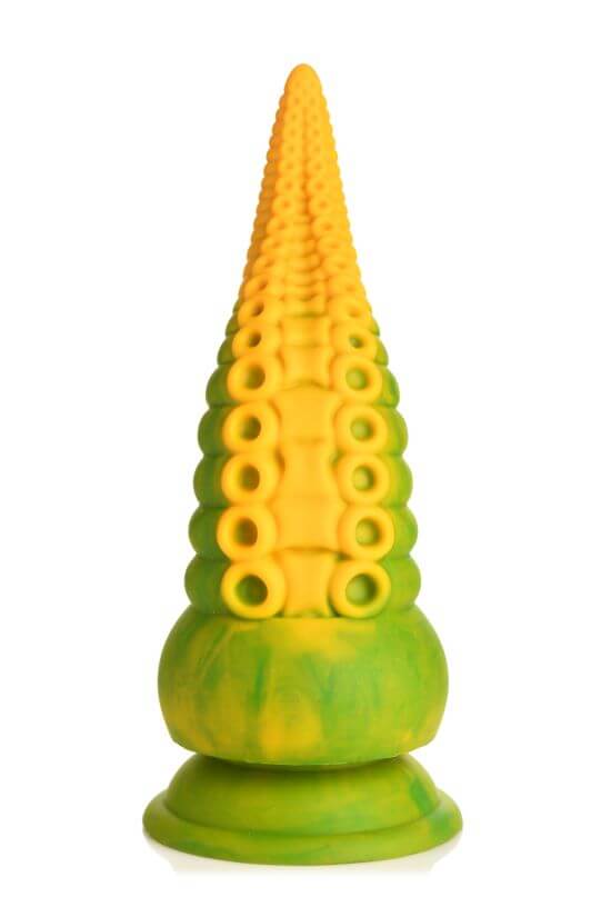 Monstropus 2.0 Vibrating Tentacle Silicone Dildo with marbled green, yellow, and blue color pattern and textured octopus suckers.