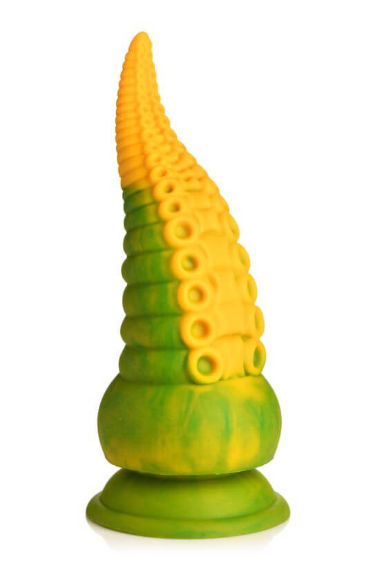 Monstropus 2.0 Vibrating Tentacle Silicone Dildo with marbled green and yellow pattern, dual octopus suckers, textured for pleasure