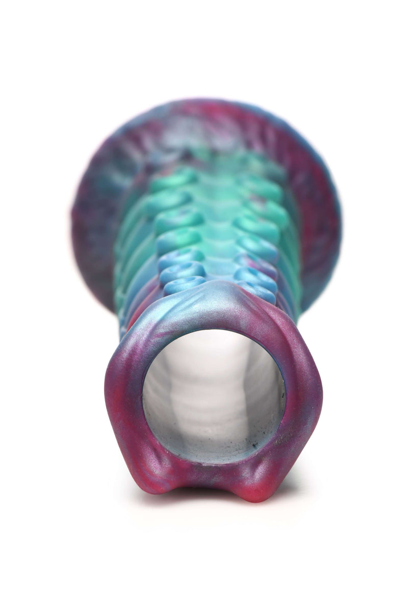 Creature Cocks Galactic Breeder Ovipositor Silicone Dildo in iridescent teal, red, and blue colors detailing its unique textured shaft.