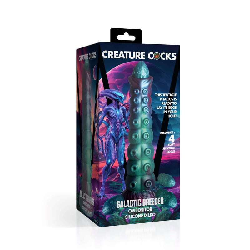 Creature Cocks Galactic Breeder Ovipositor Silicone Dildo fantasy packaging with sci-fi design and iridescent colors from XR Brands