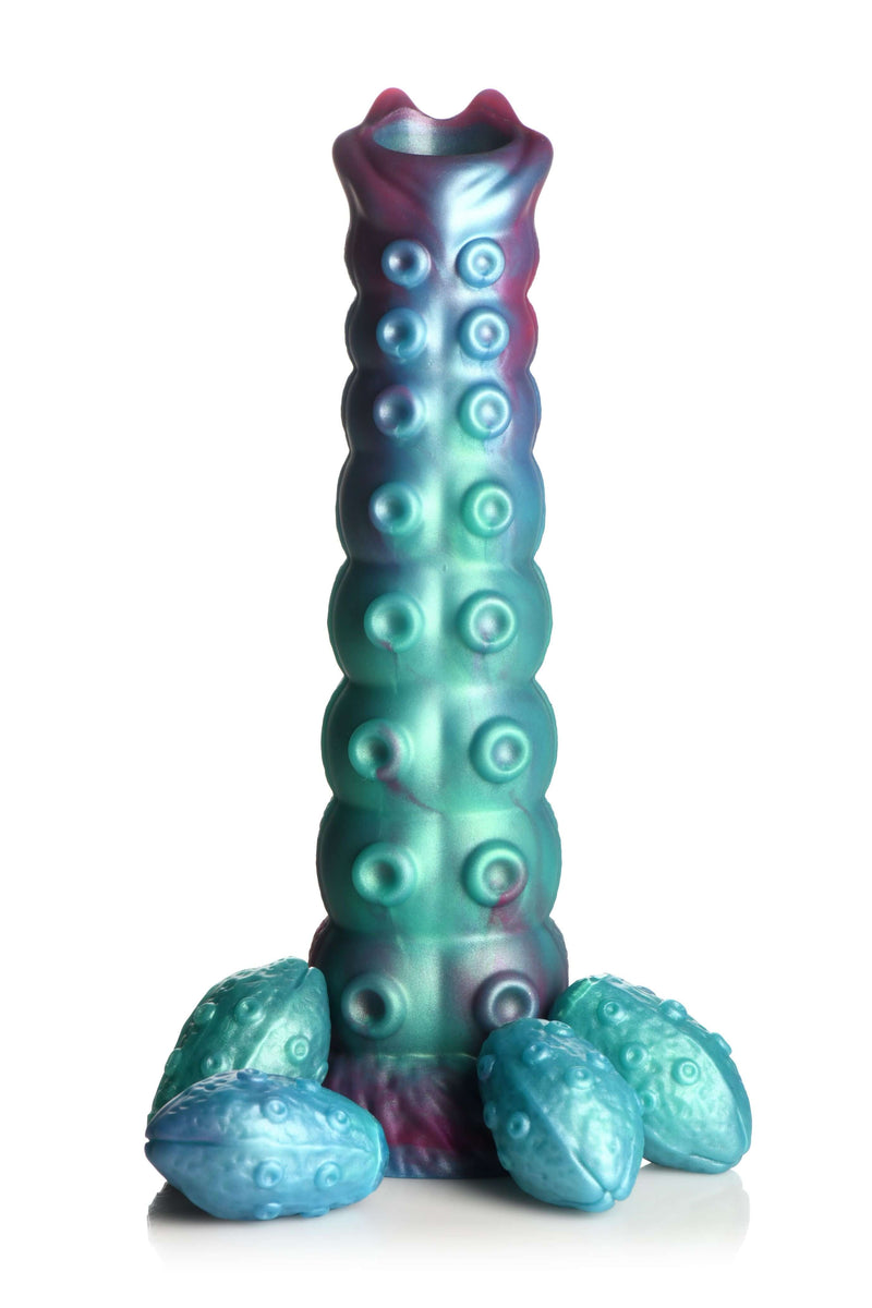 Creature Cocks Galactic Breeder Ovipositor Silicone Dildo in iridescent teal, red, and blue with eggs, sci-fi fantasy adult toy